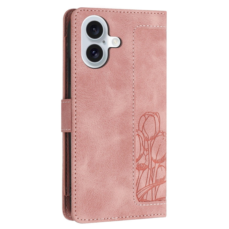 Tulips Embossed Leather Phone Case with Lanyard, For iPhone 16, For iPhone 15 Pro Max, For iPhone 15 Pro, For iPhone 15 Plus