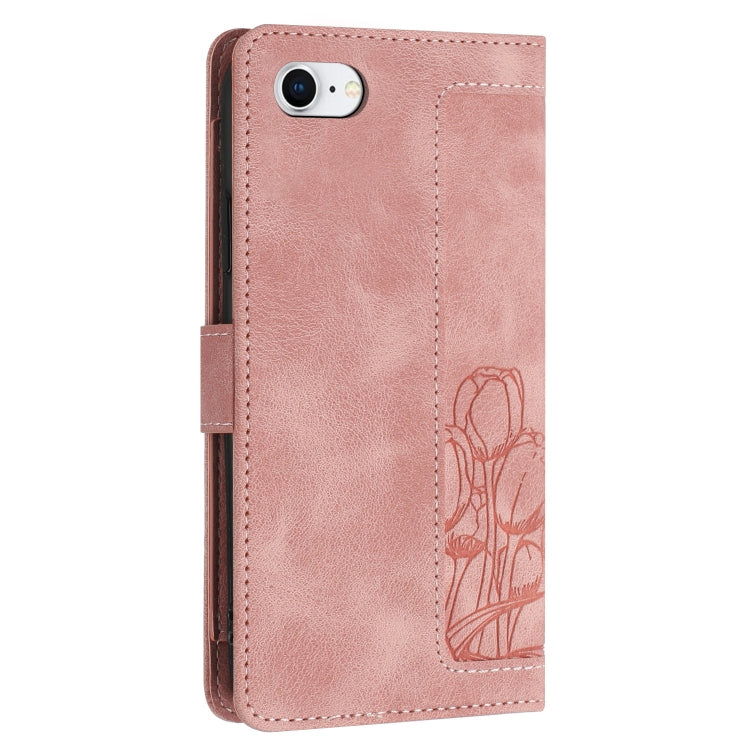 Tulips Embossed Leather Phone Case with Lanyard, iPhone 16e, For iPhone 16 Pro Max, For iPhone 16 Pro, For iPhone 16 Plus