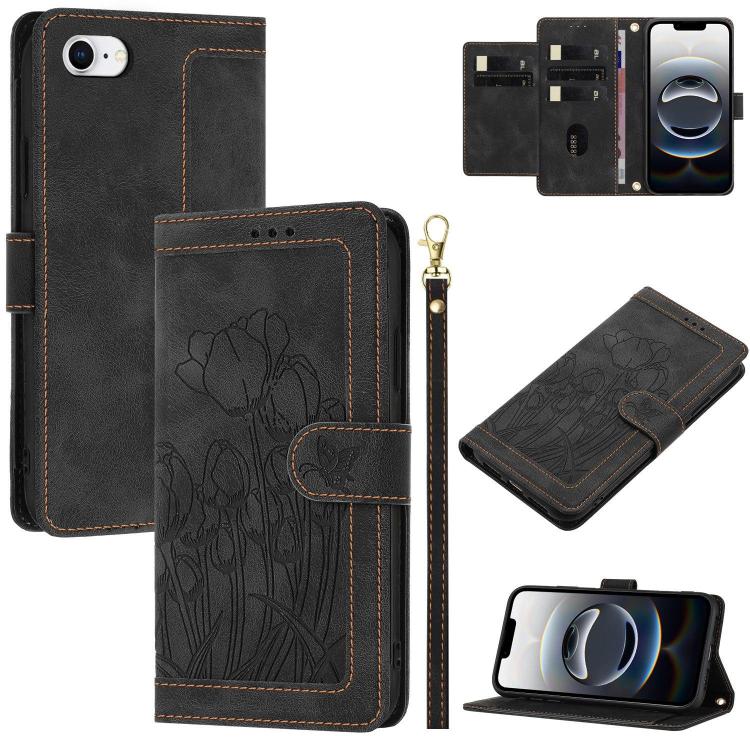 Tulips Embossed Leather Phone Case with Lanyard, iPhone 16e, For iPhone 16 Pro Max, For iPhone 16 Pro, For iPhone 16 Plus