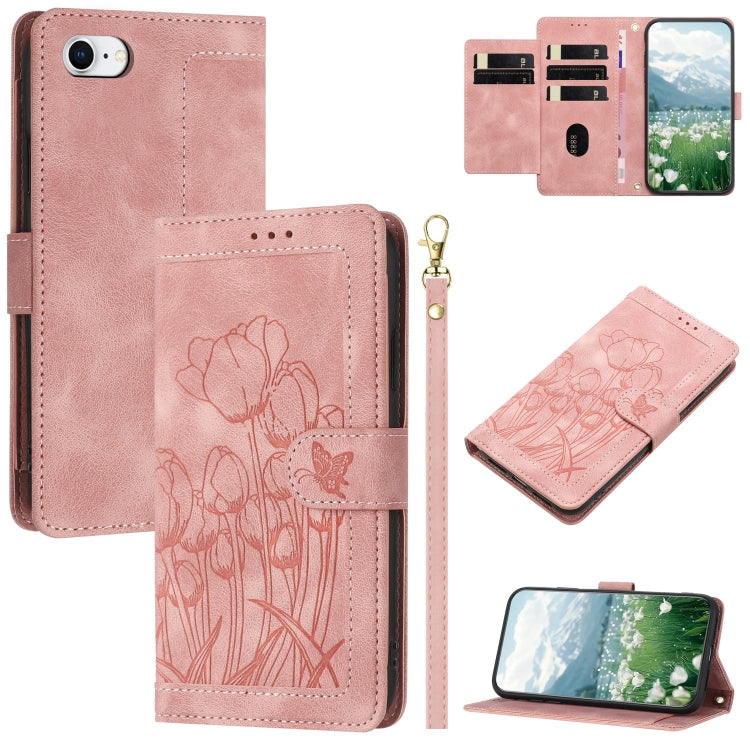 Tulips Embossed Leather Phone Case with Lanyard, For iPhone 14 Pro Max, For iPhone SE 2022 / 2020, For iPhone 13 Pro Max, For iPhone 13 Pro