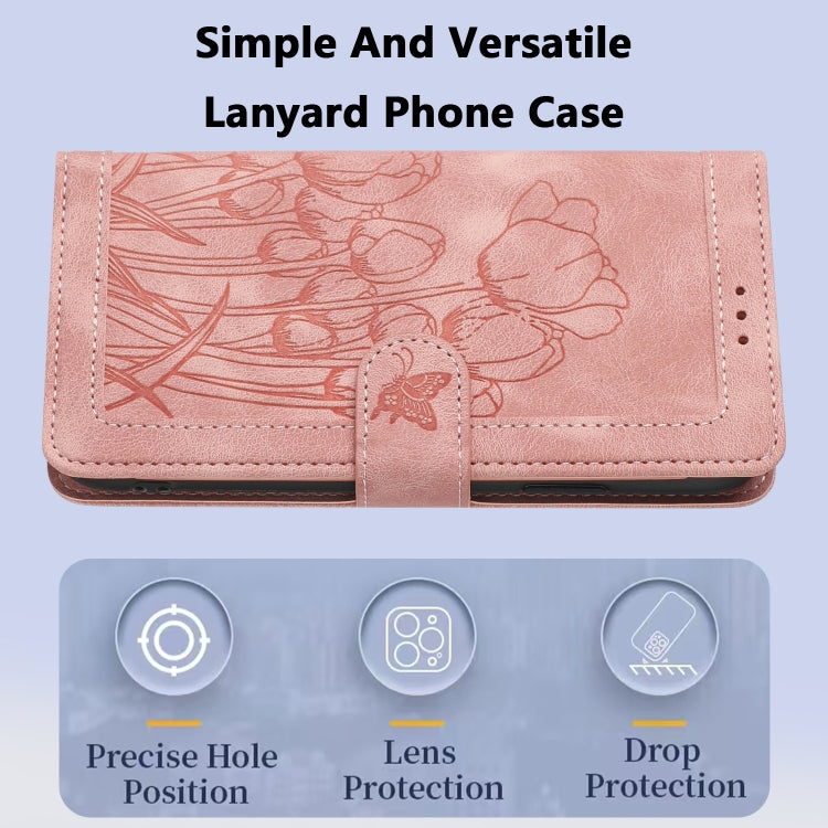 Tulips Embossed Leather Phone Case with Lanyard, For iPhone 12 mini, For iPhone 11 Pro Max, For iPhone 11, For iPhone 11 Pro, For iPhone XS / X