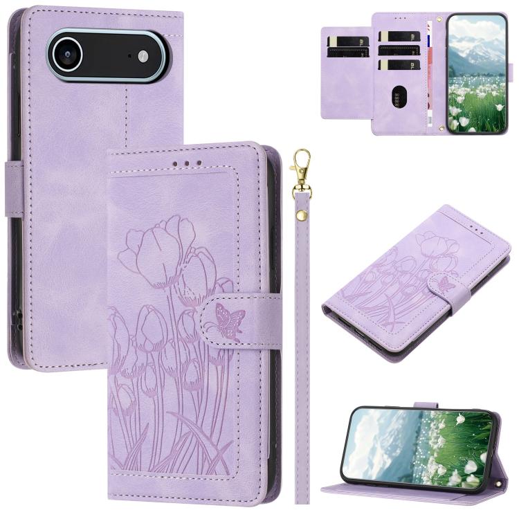 Tulips Embossed Leather Phone Case with Lanyard, For iPhone 17 Pro Max, For iPhone 17 Pro, For iPhone 17, For iPhone 17 Air