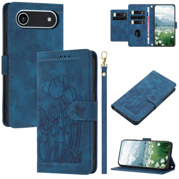 Tulips Embossed Leather Phone Case with Lanyard, For iPhone 17 Pro Max, For iPhone 17 Pro, For iPhone 17, For iPhone 17 Air