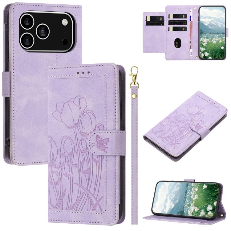 Tulips Embossed Leather Phone Case with Lanyard, For iPhone 17 Pro Max, For iPhone 17 Pro, For iPhone 17, For iPhone 17 Air
