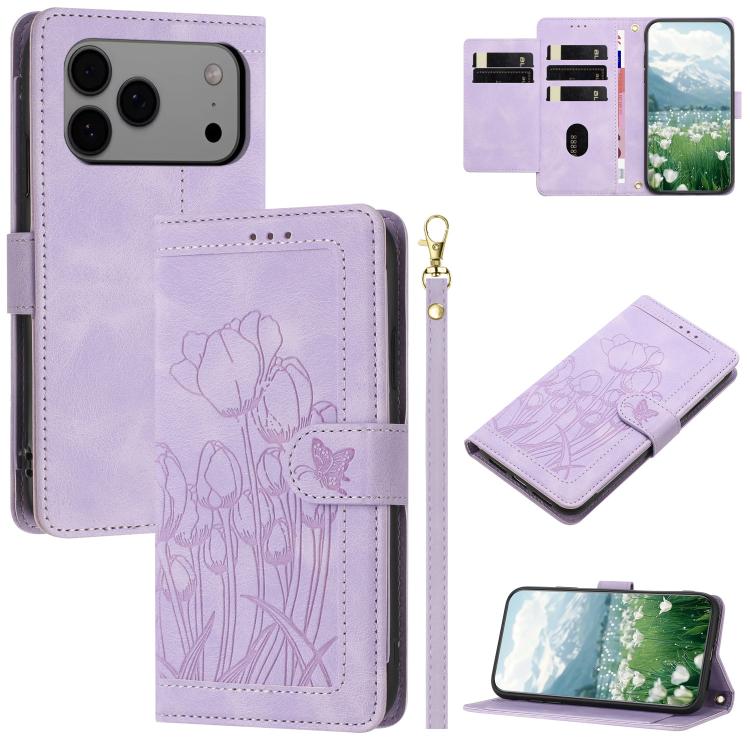 Tulips Embossed Leather Phone Case with Lanyard, For iPhone 17 Pro Max, For iPhone 17 Pro, For iPhone 17, For iPhone 17 Air