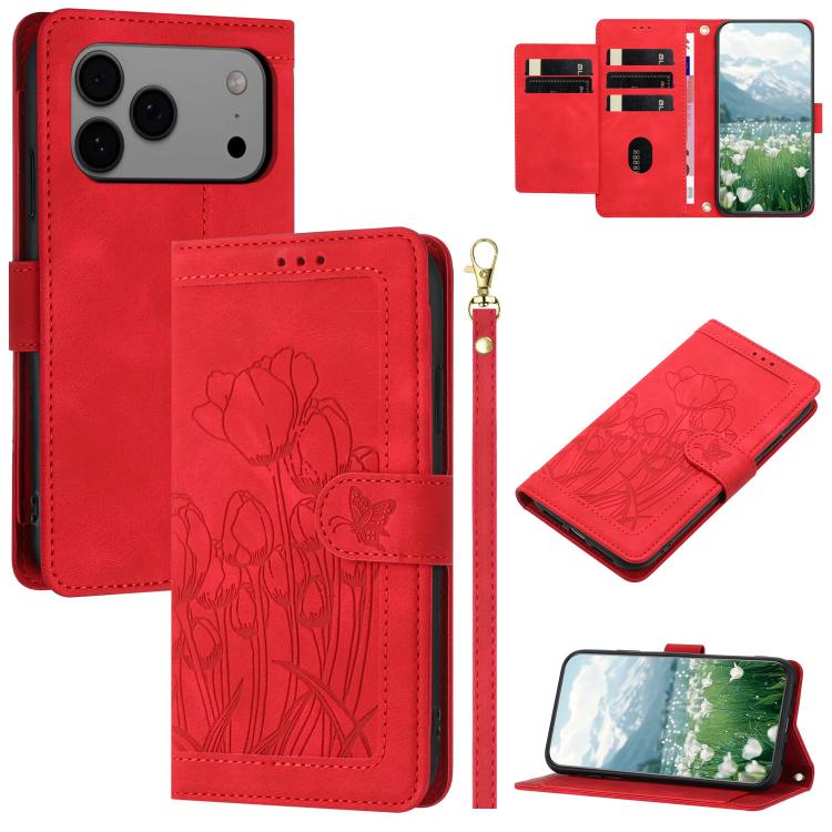 Tulips Embossed Leather Phone Case with Lanyard, For iPhone 17 Pro Max, For iPhone 17 Pro, For iPhone 17, For iPhone 17 Air