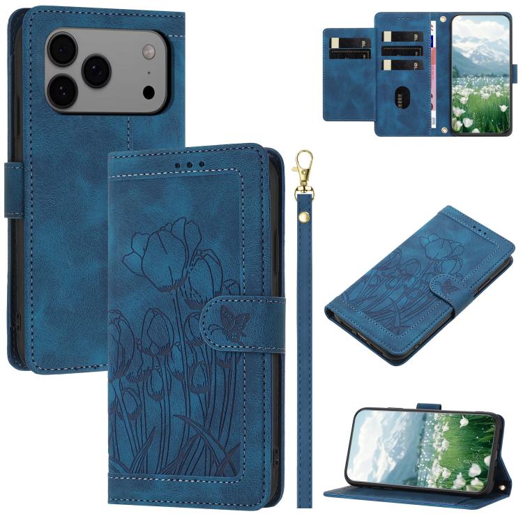 Tulips Embossed Leather Phone Case with Lanyard, For iPhone 17 Pro Max, For iPhone 17 Pro, For iPhone 17, For iPhone 17 Air