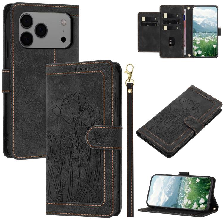Tulips Embossed Leather Phone Case with Lanyard, For iPhone 17 Pro Max, For iPhone 17 Pro, For iPhone 17, For iPhone 17 Air