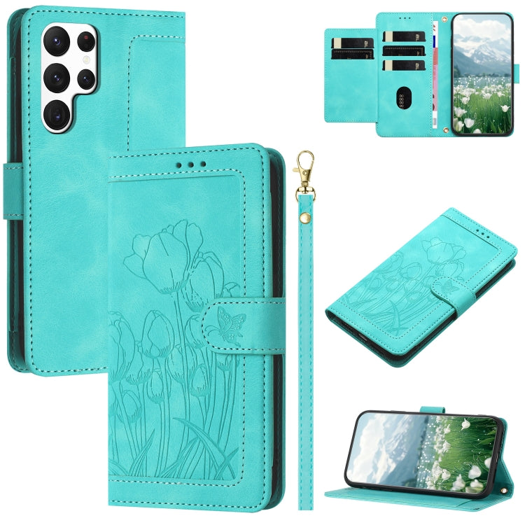Tulips Embossed Leather Phone Case with Lanyard, For Samsung Galaxy S20 FE, For Samsung Galaxy S22 Ultra 5G, For Samsung Galaxy S22+ 5G, For Samsung Galaxy S22 5G