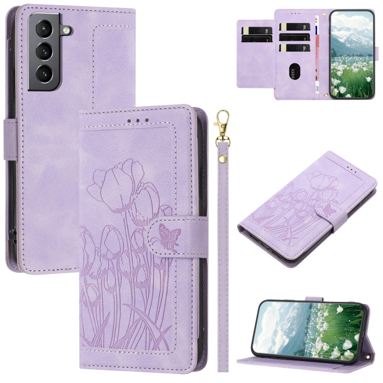 Tulips Embossed Leather Phone Case with Lanyard, For Samsung Galaxy S20 FE, For Samsung Galaxy S22 Ultra 5G, For Samsung Galaxy S22+ 5G, For Samsung Galaxy S22 5G