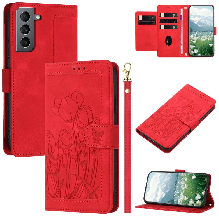 Tulips Embossed Leather Phone Case with Lanyard, For Samsung Galaxy S20 FE, For Samsung Galaxy S22 Ultra 5G, For Samsung Galaxy S22+ 5G, For Samsung Galaxy S22 5G