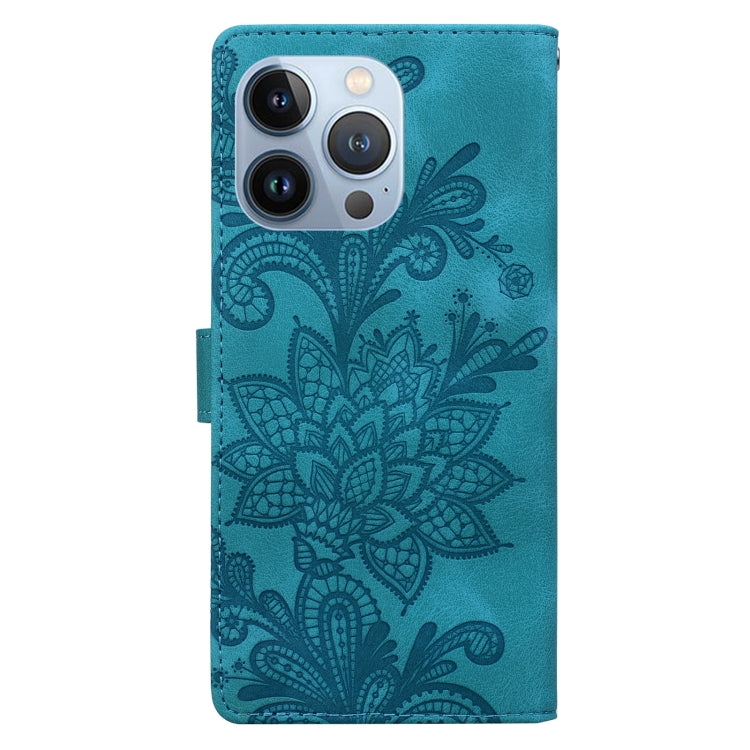 Lace Floral Embossed Magnetic Buckle PU Phone Case With Wrist Strap, For iPhone 15 Pro Max, For iPhone 15 Pro, For iPhone 14 Plus / 15 Plus, For iPhone 15