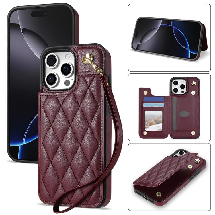 Rhombic Dual Buckle Card Slots Phone Case with Lanyard, For iPhone 16 Pro Max, For iPhone 16 Pro, For iPhone 16 Plus, For iPhone 16