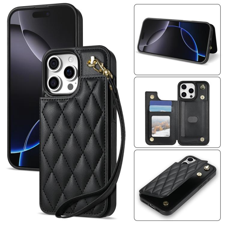 Rhombic Dual Buckle Card Slots Phone Case with Lanyard, For iPhone 16 Pro Max, For iPhone 16 Pro, For iPhone 16 Plus, For iPhone 16