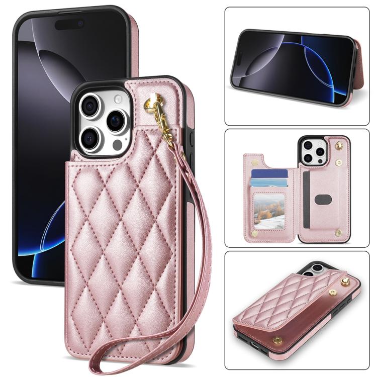 Rhombic Dual Buckle Card Slots Phone Case with Lanyard, For iPhone 16 Pro Max, For iPhone 16 Pro, For iPhone 16 Plus, For iPhone 16