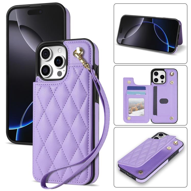 Rhombic Dual Buckle Card Slots Phone Case with Lanyard, For iPhone 16 Pro Max, For iPhone 16 Pro, For iPhone 16 Plus, For iPhone 16