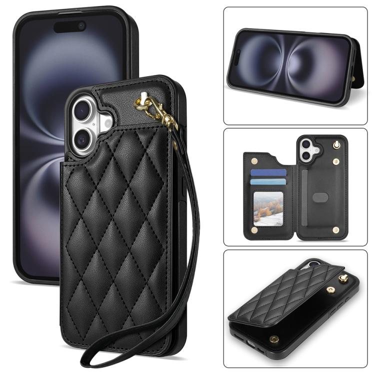 Rhombic Dual Buckle Card Slots Phone Case with Lanyard, For iPhone 16 Pro Max, For iPhone 16 Pro, For iPhone 16 Plus, For iPhone 16