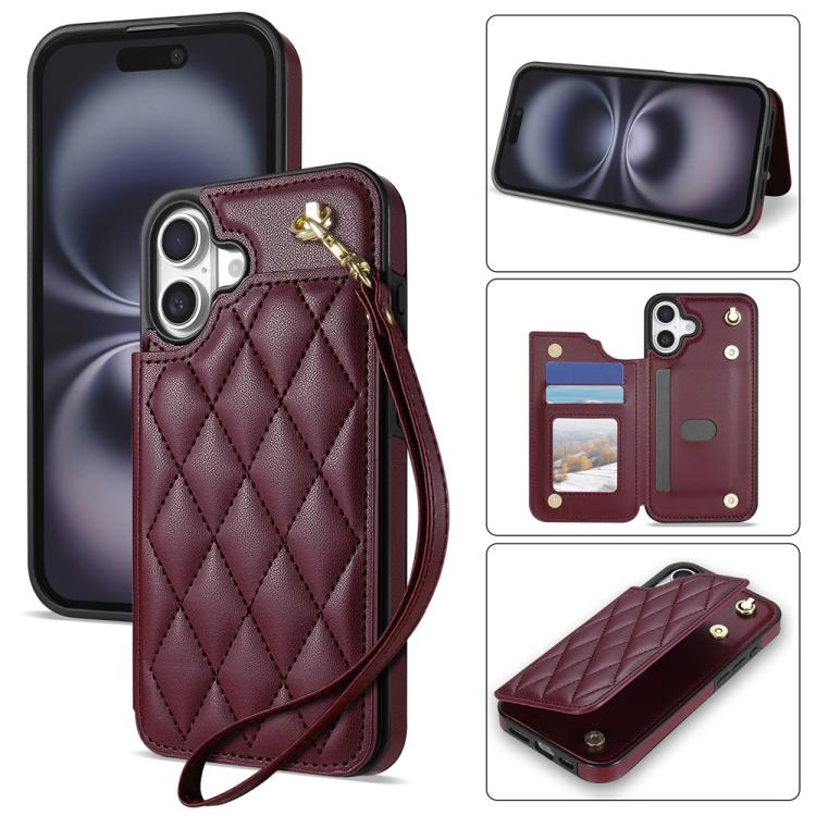 Rhombic Dual Buckle Card Slots Phone Case with Lanyard, For iPhone 16 Pro Max, For iPhone 16 Pro, For iPhone 16 Plus, For iPhone 16
