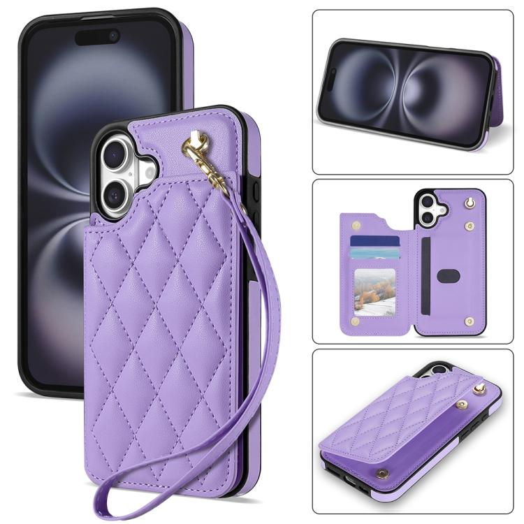 Rhombic Dual Buckle Card Slots Phone Case with Lanyard, For iPhone 16 Pro Max, For iPhone 16 Pro, For iPhone 16 Plus, For iPhone 16