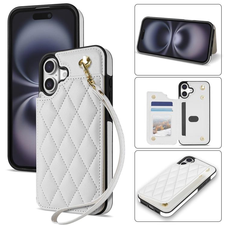 Rhombic Dual Buckle Card Slots Phone Case with Lanyard, For iPhone 16 Pro Max, For iPhone 16 Pro, For iPhone 16 Plus, For iPhone 16