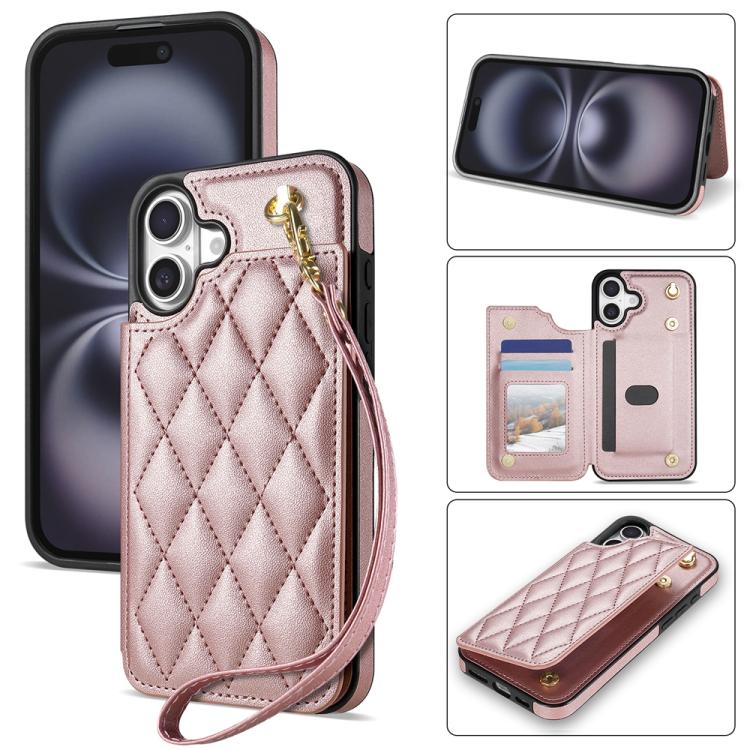 Rhombic Dual Buckle Card Slots Phone Case with Lanyard, For iPhone 16 Pro Max, For iPhone 16 Pro, For iPhone 16 Plus, For iPhone 16