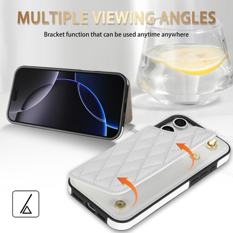 Rhombic Dual Buckle Card Slots Phone Case with Lanyard, For iPhone 15 Pro Max, For iPhone 15 Pro, For iPhone 15 Plus, For iPhone 15