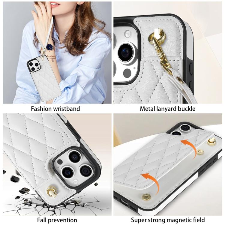 Rhombic Dual Buckle Card Slots Phone Case with Lanyard, For iPhone 15 Pro Max, For iPhone 15 Pro, For iPhone 15 Plus, For iPhone 15