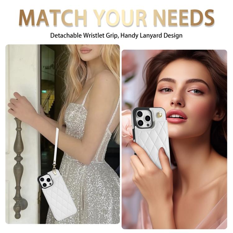 Rhombic Dual Buckle Card Slots Phone Case with Lanyard, For iPhone 15 Pro Max, For iPhone 15 Pro, For iPhone 15 Plus, For iPhone 15