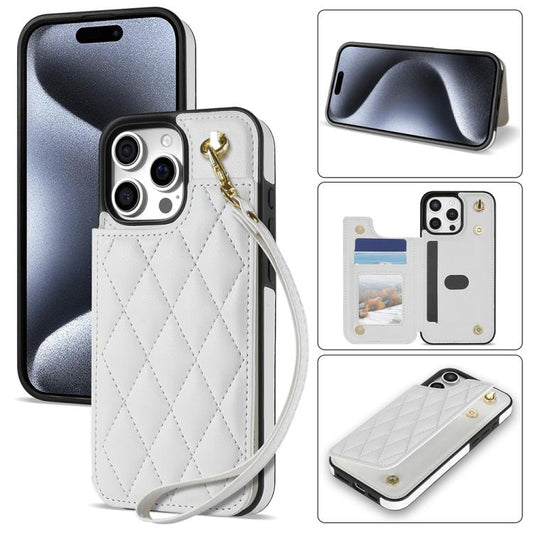 Rhombic Dual Buckle Card Slots Phone Case with Lanyard, For iPhone 15 Pro Max, For iPhone 15 Pro, For iPhone 15 Plus, For iPhone 15