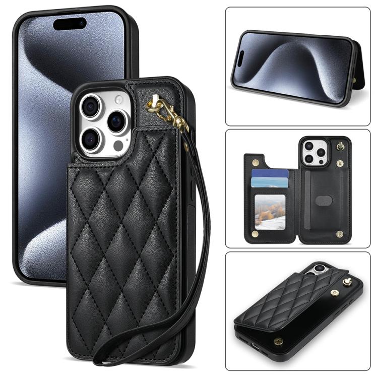 Rhombic Dual Buckle Card Slots Phone Case with Lanyard, For iPhone 15 Pro Max, For iPhone 15 Pro, For iPhone 15 Plus, For iPhone 15