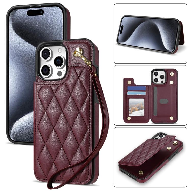 Rhombic Dual Buckle Card Slots Phone Case with Lanyard, For iPhone 15 Pro Max, For iPhone 15 Pro, For iPhone 15 Plus, For iPhone 15