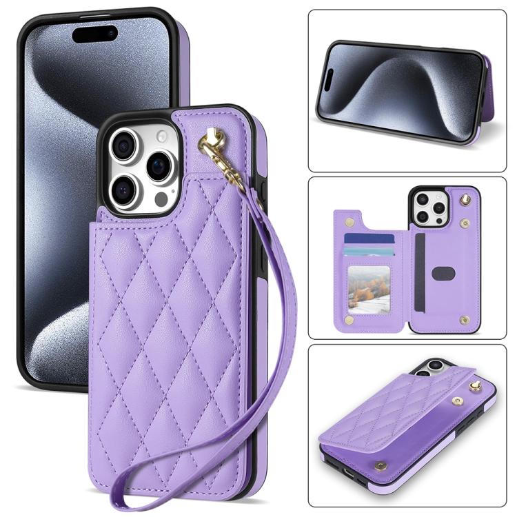 Rhombic Dual Buckle Card Slots Phone Case with Lanyard, For iPhone 15 Pro Max, For iPhone 15 Pro, For iPhone 15 Plus, For iPhone 15