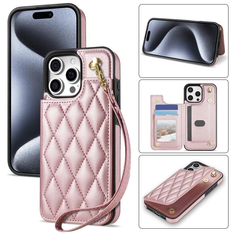 Rhombic Dual Buckle Card Slots Phone Case with Lanyard, For iPhone 15 Pro Max, For iPhone 15 Pro, For iPhone 15 Plus, For iPhone 15