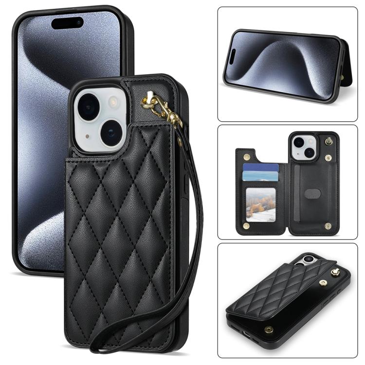 Rhombic Dual Buckle Card Slots Phone Case with Lanyard, For iPhone 15 Pro Max, For iPhone 15 Pro, For iPhone 15 Plus, For iPhone 15