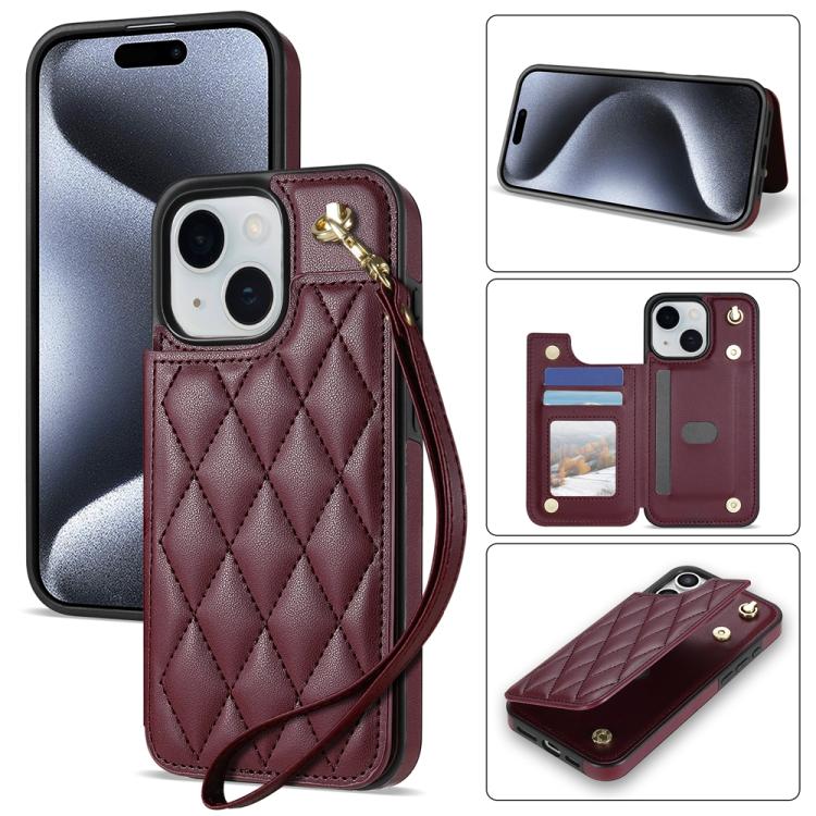 Rhombic Dual Buckle Card Slots Phone Case with Lanyard, For iPhone 15 Pro Max, For iPhone 15 Pro, For iPhone 15 Plus, For iPhone 15