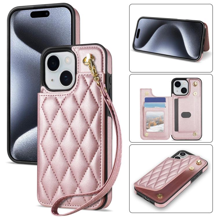 Rhombic Dual Buckle Card Slots Phone Case with Lanyard, For iPhone 15 Pro Max, For iPhone 15 Pro, For iPhone 15 Plus, For iPhone 15