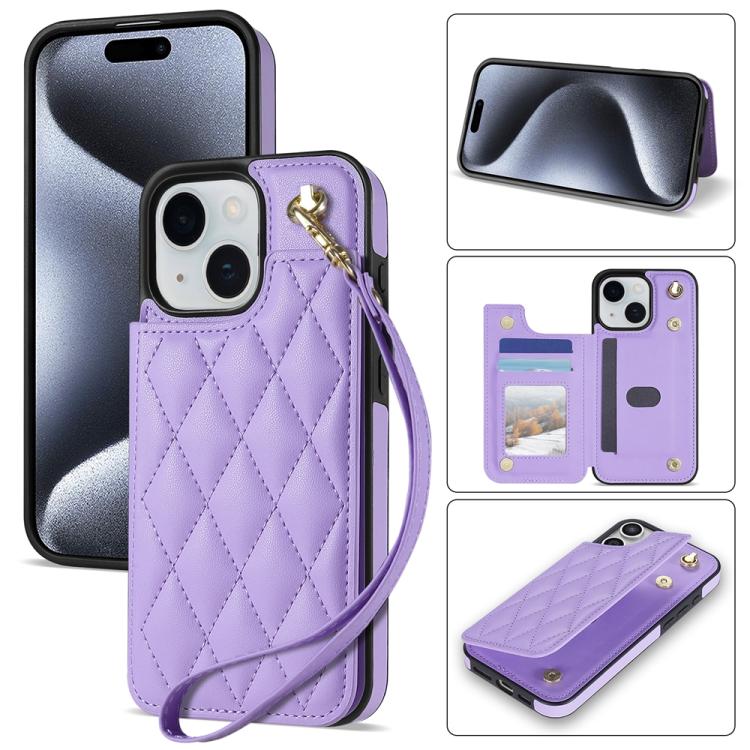 Rhombic Dual Buckle Card Slots Phone Case with Lanyard, For iPhone 15 Pro Max, For iPhone 15 Pro, For iPhone 15 Plus, For iPhone 15