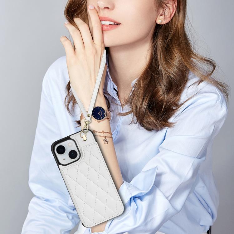Rhombic Dual Buckle Card Slots Phone Case with Lanyard, For iPhone 14 Plus, For iPhone 13 / 14, For iPhone 14 Pro, For iPhone 14 Pro Max