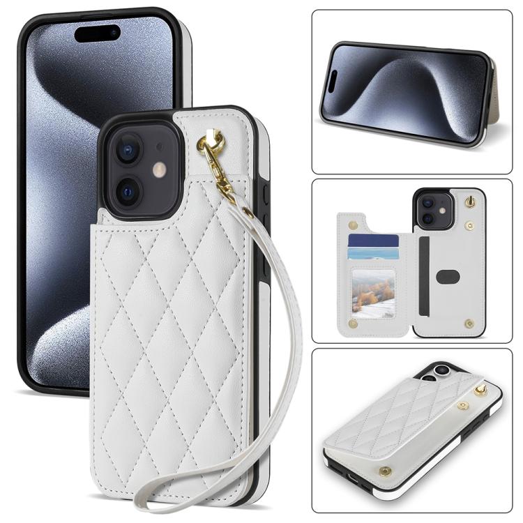 Rhombic Dual Buckle Card Slots Phone Case with Lanyard, For iPhone SE 2022 / 2020 / 8 / 7, For iPhone 13 Pro Max, For iPhone 13 Pro, For iPhone 12 / 12 Pro
