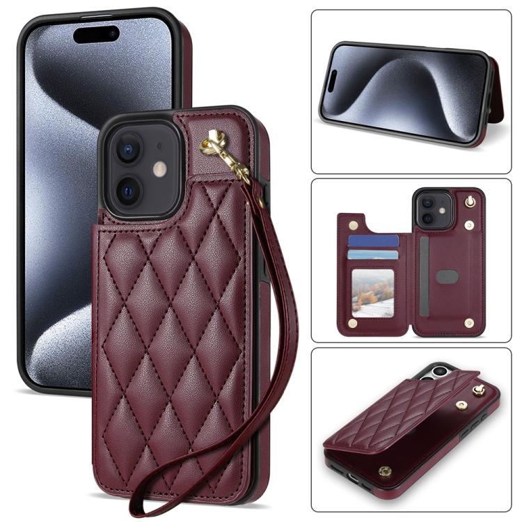 Rhombic Dual Buckle Card Slots Phone Case with Lanyard, For iPhone SE 2022 / 2020 / 8 / 7, For iPhone 13 Pro Max, For iPhone 13 Pro, For iPhone 12 / 12 Pro
