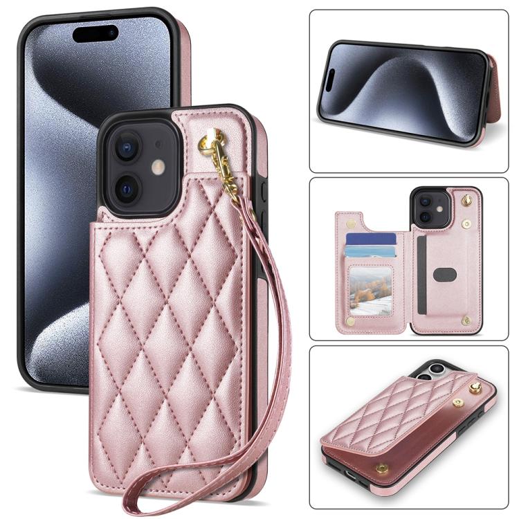 Rhombic Dual Buckle Card Slots Phone Case with Lanyard, For iPhone SE 2022 / 2020 / 8 / 7, For iPhone 13 Pro Max, For iPhone 13 Pro, For iPhone 12 / 12 Pro