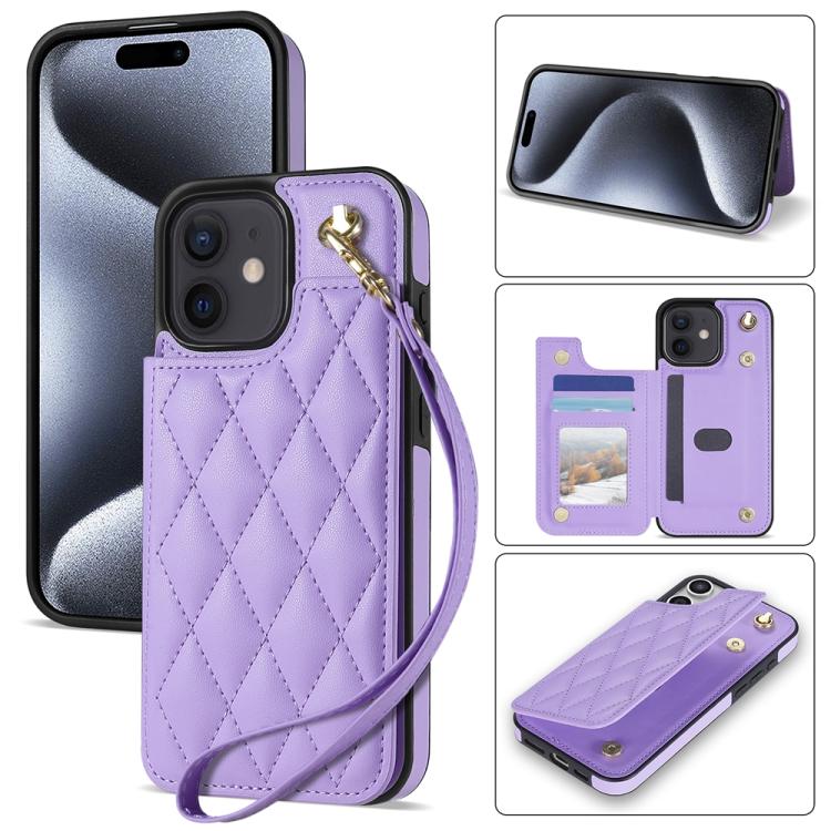 Rhombic Dual Buckle Card Slots Phone Case with Lanyard, For iPhone SE 2022 / 2020 / 8 / 7, For iPhone 13 Pro Max, For iPhone 13 Pro, For iPhone 12 / 12 Pro