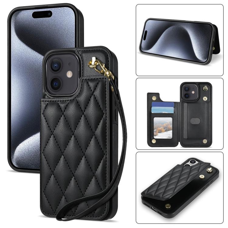 Rhombic Dual Buckle Card Slots Phone Case with Lanyard, For iPhone 12 Pro Max, For iPhone 11 Pro Max, For iPhone 11, For iPhone 11 Pro