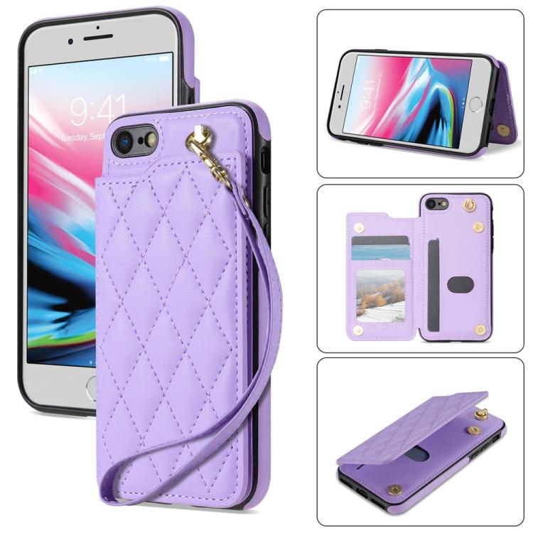 Rhombic Dual Buckle Card Slots Phone Case with Lanyard, For iPhone X / XS, For iPhone XR, For iPhone XS Max, For iPhone 8 Plus / 7 Plus