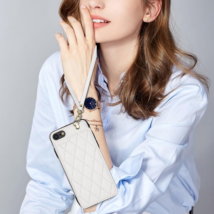 Rhombic Dual Buckle Card Slots Phone Case with Lanyard, For iPhone SE 2022 / 2020 / 8 / 7, For iPhone 13 Pro Max, For iPhone 13 Pro, For iPhone 12 / 12 Pro