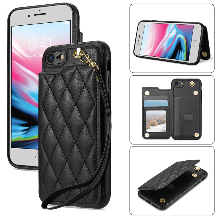 Rhombic Dual Buckle Card Slots Phone Case with Lanyard, For iPhone SE 2022 / 2020 / 8 / 7, For iPhone 13 Pro Max, For iPhone 13 Pro, For iPhone 12 / 12 Pro