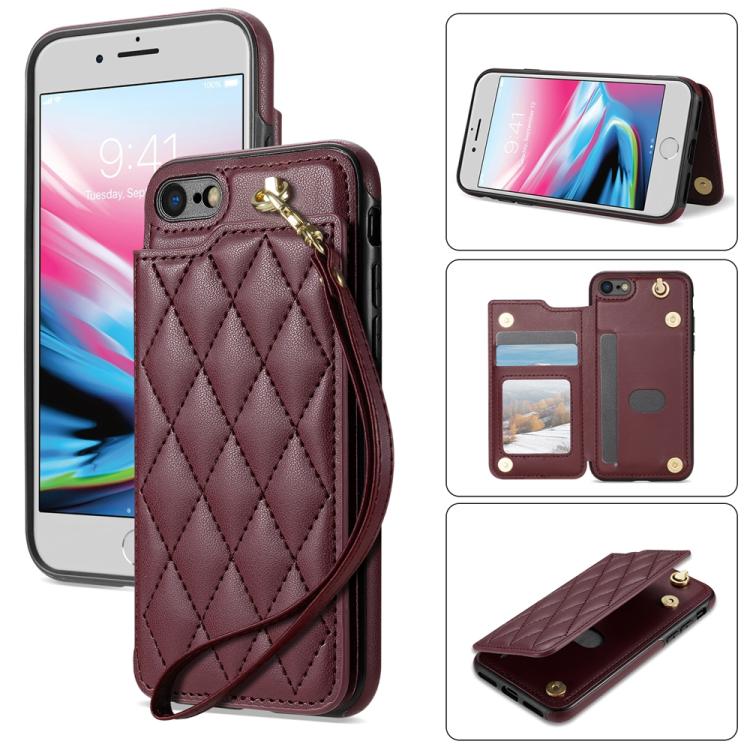 Rhombic Dual Buckle Card Slots Phone Case with Lanyard, For iPhone SE 2022 / 2020 / 8 / 7, For iPhone 13 Pro Max, For iPhone 13 Pro, For iPhone 12 / 12 Pro