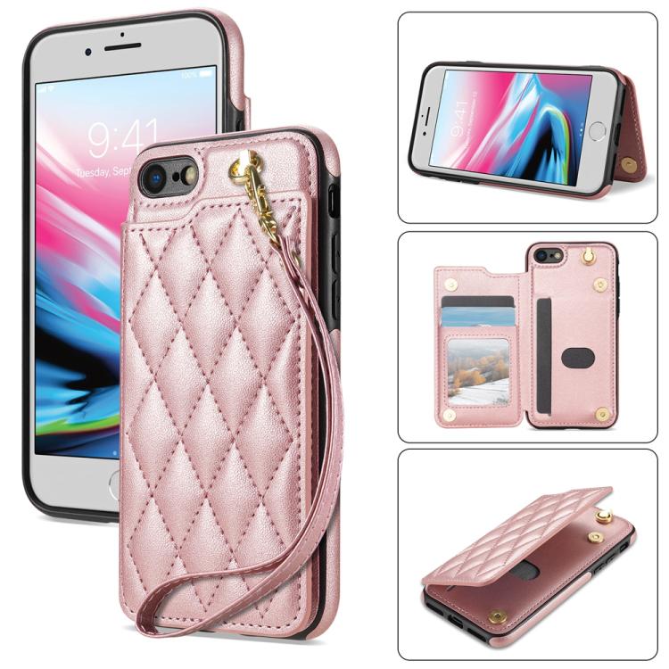 Rhombic Dual Buckle Card Slots Phone Case with Lanyard, For iPhone SE 2022 / 2020 / 8 / 7, For iPhone 13 Pro Max, For iPhone 13 Pro, For iPhone 12 / 12 Pro
