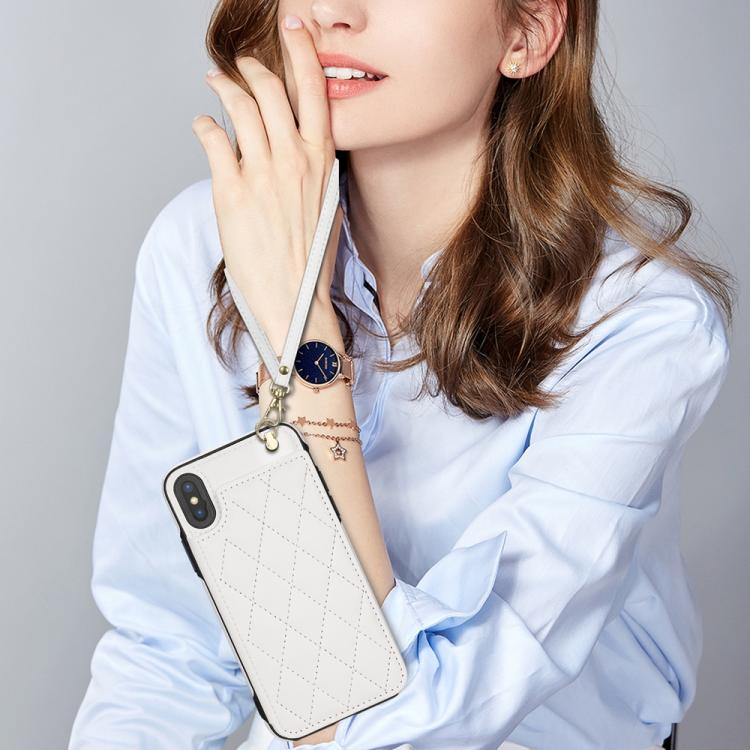 Rhombic Dual Buckle Card Slots Phone Case with Lanyard, For iPhone X / XS, For iPhone XR, For iPhone XS Max, For iPhone 8 Plus / 7 Plus