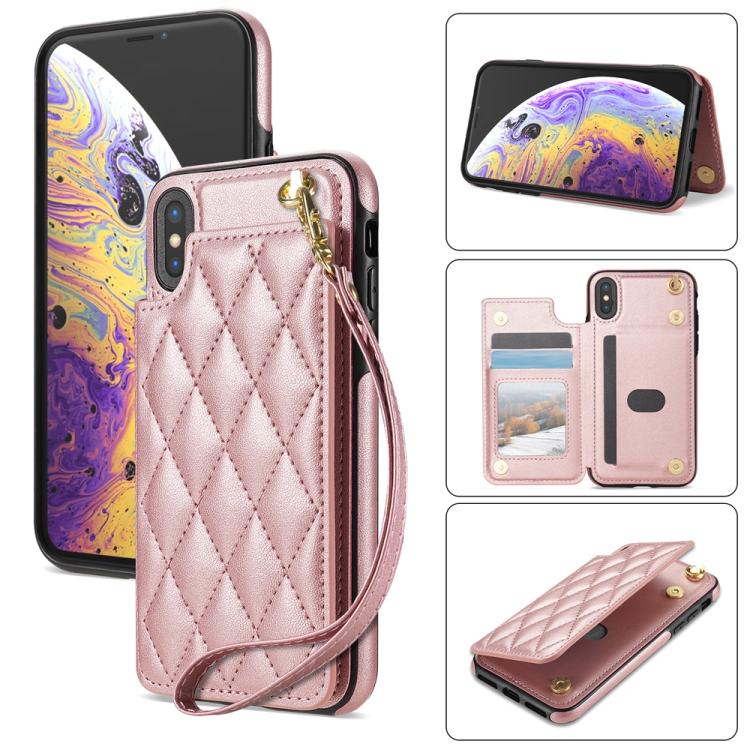 Rhombic Dual Buckle Card Slots Phone Case with Lanyard, For iPhone X / XS, For iPhone XR, For iPhone XS Max, For iPhone 8 Plus / 7 Plus